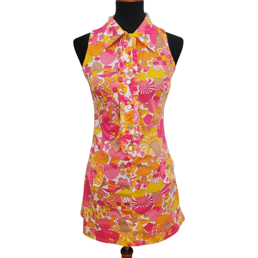 Vintage Roxy Mushroom Print Shift Dress 60s Style Retro Delia's 90s Size Small
